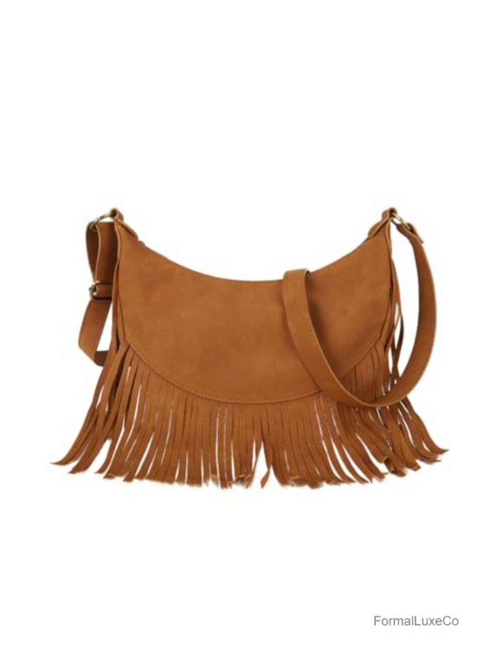Vegan Suede Fringe Crescent Crossbody Hobo Bag with Adjustable Strap